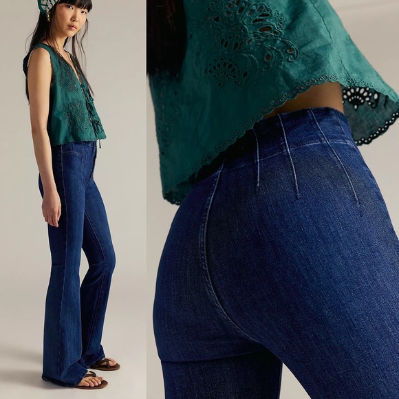 Free People Jayde High Rise Flare Jeans Dark Blue Retro 70s‎ Womens Size 28 NEW - Picture 2 of 16